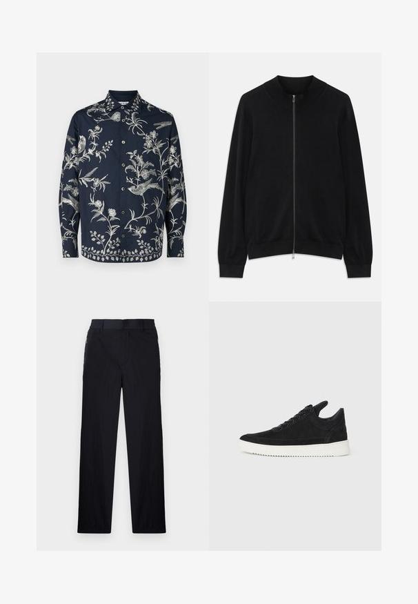Schwarze Langarm-Zip-Up-Cardigan mit geripptem Rundhalsausschnitt, Bündchen und Saum, vor einem weißen Hintergrund präsentiert.; Marineblaues Hemd mit Knopfleiste, mit filigraner weißer Blumen- und Vogelstickerei, langen Ärmeln und klassischem Kragen; der Stoff ist glatt und leicht.; Schwarze Hose aus leichtem, strukturiertem Stoff, mit geradem Bein, elastischem Bund und seitlichen Reißverschlusstaschen.; Schwarze Wildleder-Sneaker mit einer weißen Gummisohle, die sich durch elegante Nähte und ein schnürbares Design auszeichnen. Glatte Textur mit einer modernen, stromlinienförmigen Form.