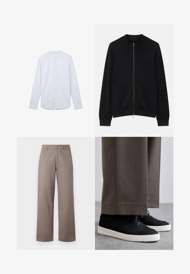 Must tänava must pikka varrukat, lukuga kardigan ribatud ümar kaeluse, mansettide ja äärega, esitatud valge tausta ees.; Heled sinine pika varrukaga särk, mandariinikaelusega, esise nupuga sulgemine ja ühekordne vasakpoolne rinnatasku. Valmistatud tekstureeritud kangast.; Heled pruunid, laiad püksid sileda viimistlusega; esiküljel nupuga sulgemine ja küljetaskud. Valmistatud kergetest kangast.; Mustad suleed sneakers valge kummist tallaga, ümarate varvaste ja paeltega, kantud hallide ülikonna pükste kõrval.