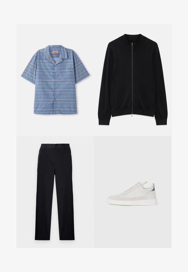 Cardigan nero a maniche lunghe con zip, con collo a girocollo, polsini e orlo a coste, esposto su uno sfondo bianco.; Camicetta a maniche corte con bottoni, caratterizzata da un motivo a zigzag blu, bianco e viola, distesa su uno sfondo bianco.; Pantaloni neri realizzati in un tessuto leggero e strutturato, con taglio dritto, vita elasticizzata e tasche laterali con zip.; Sneaker bianche in pelle con dettagli in suede grigio, design con lacci, bollino per il tallone e suola in gomma testurizzata caratterizzata da un motivo a zigzag.