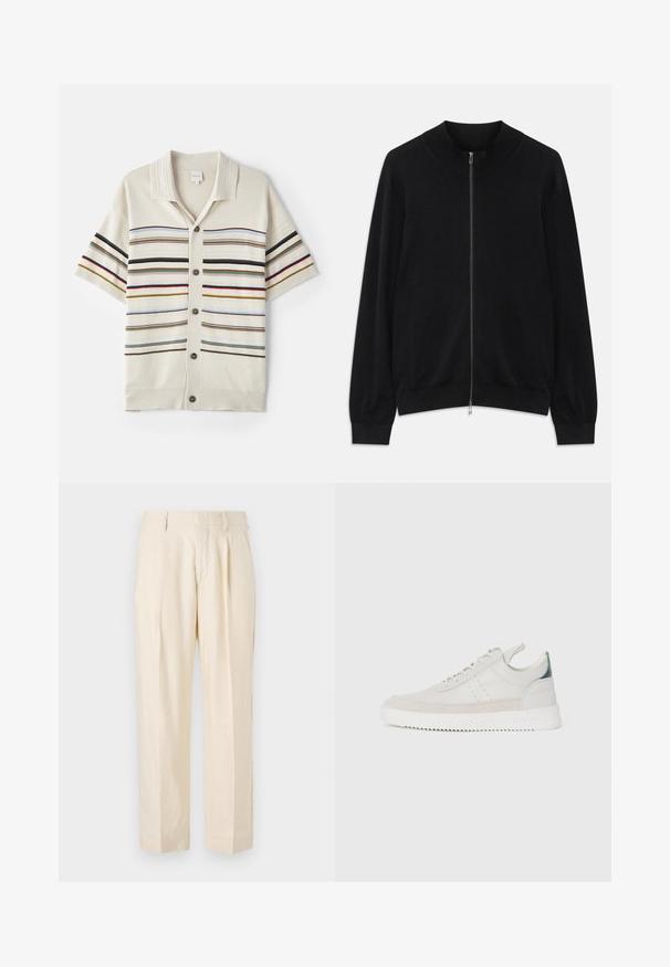 Cárdigan negro de manga larga con cremallera, con cuello redondo acanalado, puños y dobladillo, presentado sobre un fondo blanco.; Cárdigan de punto de manga corta en crema con cierre de botones, que presenta rayas horizontales en colores variados y un cuello y puños acanalados.; NN.07 KAY - Pantalones - off white; Zapatillas de cuero blancas con acentos de ante gris, diseño con cordones, asa de tirón y suela de goma texturizada con un patrón en zigzag.