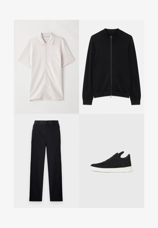 Must tänava must pikka varrukat, lukuga kardigan ribatud ümar kaeluse, mansettide ja äärega, esitatud valge tausta ees.; Lühikeste varrukatega, nööpidega polo särk helebeezis, õrna tekstuuriga ja "Tiger of Sweden" silt kaelas.; Mustad püksid, millel on kerge, tekstuuriga kangas, sirge jala disain, elastne vöökoht ja küljetaskud sipsiga.; Must mustel kingad valge kummist tallaga, millel on toon-toonis õmblused ja paeltega disain. Sile tekstuur ja moodne, voolujooneline kuju.