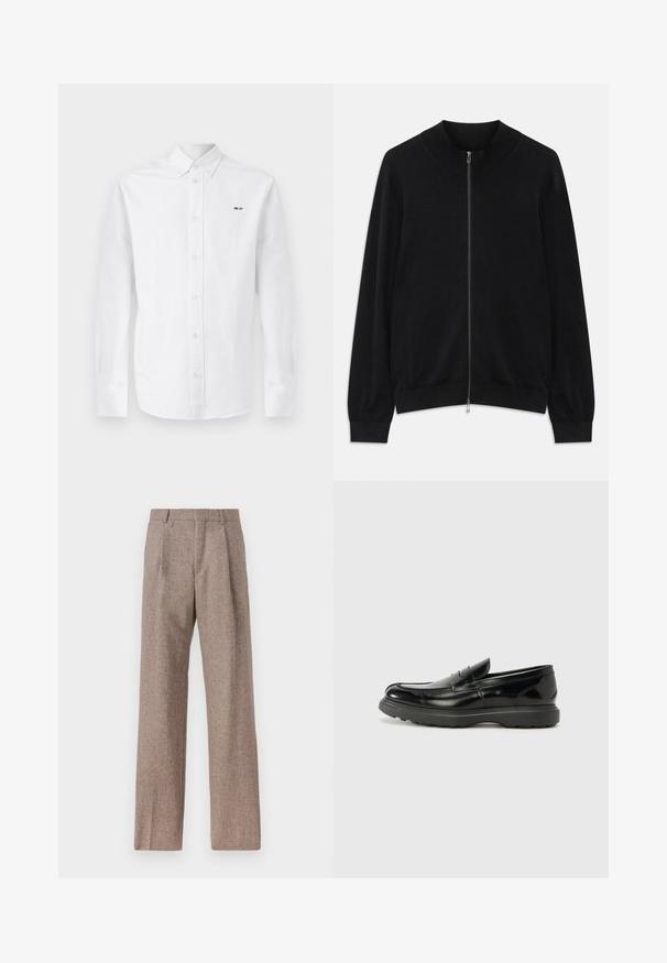 Juodas ilgas rankovėmis zip-up megztinis su banguotu apykakle, rankogaliais ir apačia, pateiktas prieš baltą foną.; Balta ilga rankovė marškiniai iš medvilnės, su mygtukiniu užsegimu priekyje, šviesiai rožinėmis mygtukais ir juodu tekstu "NN. 07" kairėje krūtinės pusėje.; Rudos, aukšto liemens kelnes, pagamintas iš tekstūruotos medžiagos. Plati kojos, dvi priekinės klostės struktūrai. Tvarkingas apdailos darbai, be matomų detalių.; Juodas odinis loaferis su blizgiu paviršiumi, apvaliu pirštu, subtiliais siūlių detalėmis ir storu guminio pado, užtikrinančio ilgaamžiškumą.