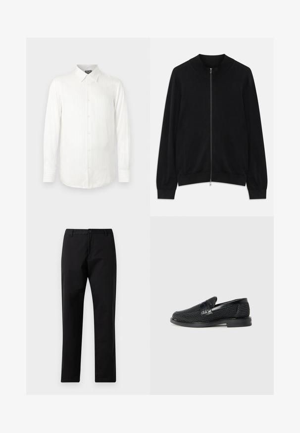Svart langermet zip-up cardigan med ribbestrikket rund hals, mansjetter og nederkant, vist mot en hvit bakgrunn.; Hvit skjorte med lange ermer, vertikale striper, krage med knapper og avrundet nederkant. Laget av glatt stoff med subtile teksturdetailler.; Svarte rette bukser med knapp- og glidelås-lukking, beltehemper og frontlommer, vist på hvit bakgrunn.; Sorte vevde slip-on sko med en glatt lærdetalj på overdelen, design med rund tå og en lavprofil gummisåle.