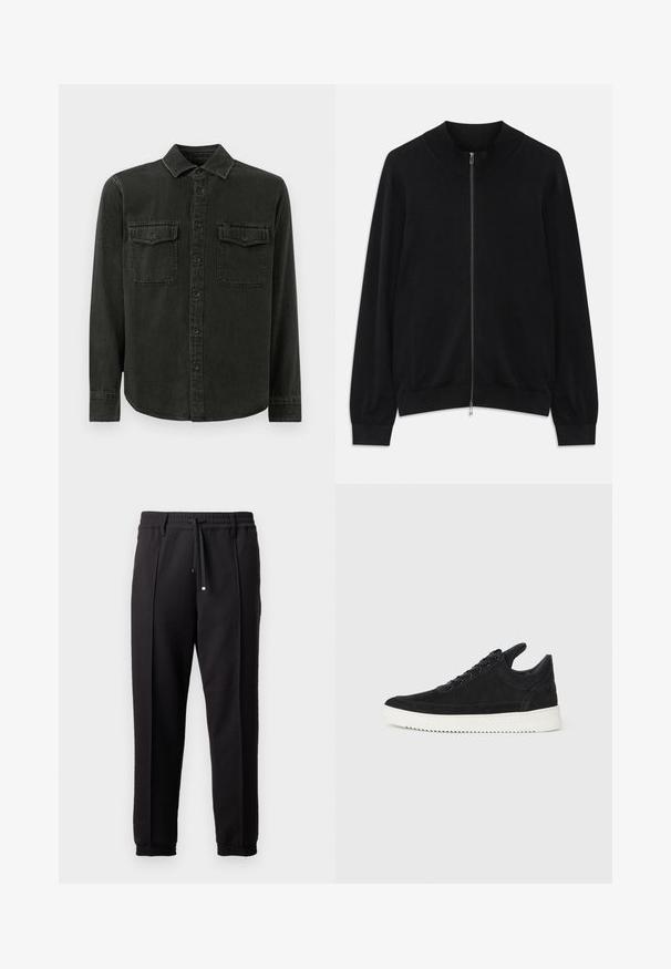 Must tänava must pikka varrukat, lukuga kardigan ribatud ümar kaeluse, mansettide ja äärega, esitatud valge tausta ees.; Tumedat rohelised nööbitavad särk, mis on valmistatud pehmest kangast, kaelusega, kahe rinnataskuga, pikkade varrukatega ja sirge äärega.; Mustad püksid, millel on vöökoht, nöörikinnitus ja elastsed varrukad. Omab volange ja sileda, tekstuuriga kangast.; Must mustel kingad valge kummist tallaga, millel on toon-toonis õmblused ja paeltega disain. Sile tekstuur ja moodne, voolujooneline kuju.