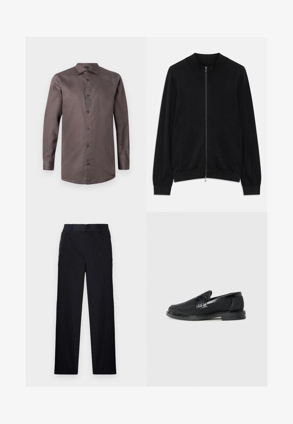 Juodas ilgas rankovėmis zip-up megztinis su banguotu apykakle, rankogaliais ir apačia, pateiktas prieš baltą foną.; Ruda ilga rankovėmygtukinė marškinė su subtiliu raštu. Turi standartinį apykaklę ir juodus mygtukus, pagaminti iš glotnaus audinio.; Juodos kelnės, pagamintos iš lengvos tekstūruotos medžiagos, tiesaus silueto, su elastingu juosmeniu ir šoniniais užtrauktukų kišenėmis.; Juodas pintas slip-on tipo batelis su lygiu odiniu akcentu viršuje, apvalios nosies dizainas ir žemas guminis padas.