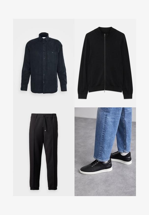 Black long-sleeve zip-up cardigan with ribbed crew neck, cuffs, and hem, displayed against a white background.; Dark blue long-sleeve button-up shirt made of soft cotton, featuring a single chest pocket and a classic collar design.; Black trousers with a waistband, drawstring, and elastic cuffs. Features pleats and a smooth, textured fabric.; Black leather sneakers with white rubber soles, featuring round laces, smooth surface, and subtle branding on the heel. Worn with blue jeans.
