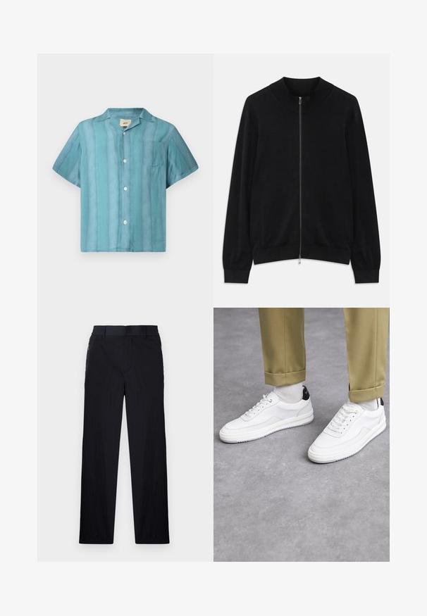 Cardigan nero a maniche lunghe con zip, con collo a girocollo, polsini e orlo a coste, esposto su uno sfondo bianco.; Camicia a maniche corte con bottoni in sfumature di teal, dotata di taschino e colletto a punta, esposta su uno sfondo bianco.; Pantaloni neri realizzati in un tessuto leggero e strutturato, con taglio dritto, vita elasticizzata e tasche laterali con zip.; Sneaker bianchi con finitura in pelle testurizzata, punta arrotondata e accentuazione nera sul tallone. Suola in gomma con piccolo motivo di battistrada e dettagli cuciti.