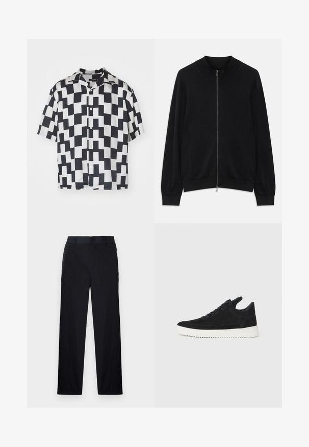 Črn dolgrokavnik z zadrgo in rebrastim ovratnikom, manšetami in robom, prikazan na beli podlagi.; Kratka majica s kratkimi rokavi, ki prikazuje geometrijski črno-beli vzorec, izdelana iz gladkega materiala z ovratnikom v stilu kamp in gumbnim zapenjanjem.; Črne hlače iz lahke, teksturirane tkanine, ravne noge, elastičen pas in stranski žepki na zadrgo.; Črne semiš športne copate z belo gumijasto podplatom, ki imajo toneče šive in vezalni dizajn. Gladka tekstura z modernim, poenoteno oblikovano silhueto.