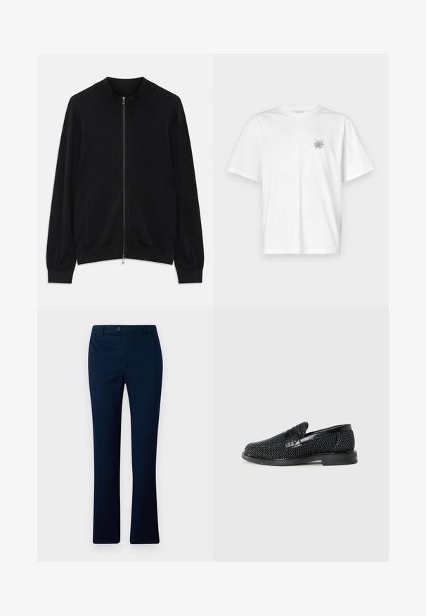 Cardigan nero a maniche lunghe con zip, con collo a girocollo, polsini e orlo a coste, esposto su uno sfondo bianco.; T-shirt bianca in cotone con maniche corte, colletto tondo e un piccolo logo grigio nella zona sinistra del petto. Texture liscia.; Pantaloni blu navy con una vestibilità dritta, dotati di una chiusura anteriore con un bottone e passanti per la cintura, realizzati in un tessuto tessuto liscio.; Scarpa nera a mocassino intrecciata con un accentuato in pelle liscia sulla parte superiore, design a punta rotonda e suola in gomma a profilo basso.