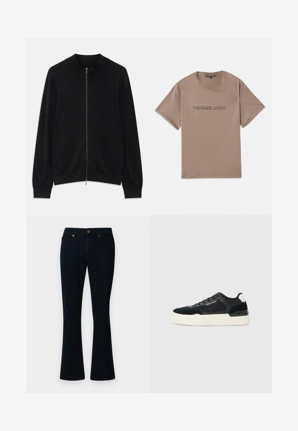 Cárdigan negro de manga larga con cremallera, con cuello redondo acanalado, puños y dobladillo, presentado sobre un fondo blanco.; Camiseta de algodón marrón con cuello redondo. Presenta el logo en relieve "MICHAEL KORS" en la parte delantera. Manga corta y diseño de corte recto.; Vaqueros acampanados de mezclilla azul oscuro con cinco bolsillos, cierre de botón en la parte frontal y detalles de costura clara. Textura suave, diseño de altura media.; Zapatillas negras de malla y cuero, con una suela blanca gruesa y acentos en contraste. Cordones y detalle del logo en el lado.