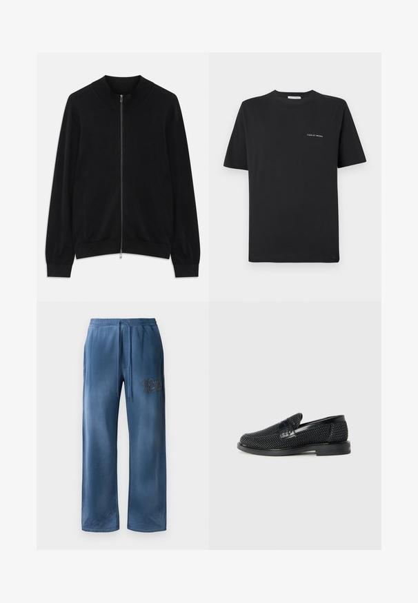 Svart långärmad zip-up kofta med ribbad rundhals, mudd och nederkant, visad mot en vit bakgrund.; Svart bomull T-shirt med rund halsringning, korta ärmar och en liten vit "TIGER OF SWEDEN" logotyp på bröstet. Klassisk passform.; Blå sammetsbyxor med vida ben, elastisk midja, dragsko, sidofickor och broderad logotyp på höger lår.; Svart vävd slip-on sko med en slät läderdetalj på ovansidan, med rund tådesign och en låg gummisula.