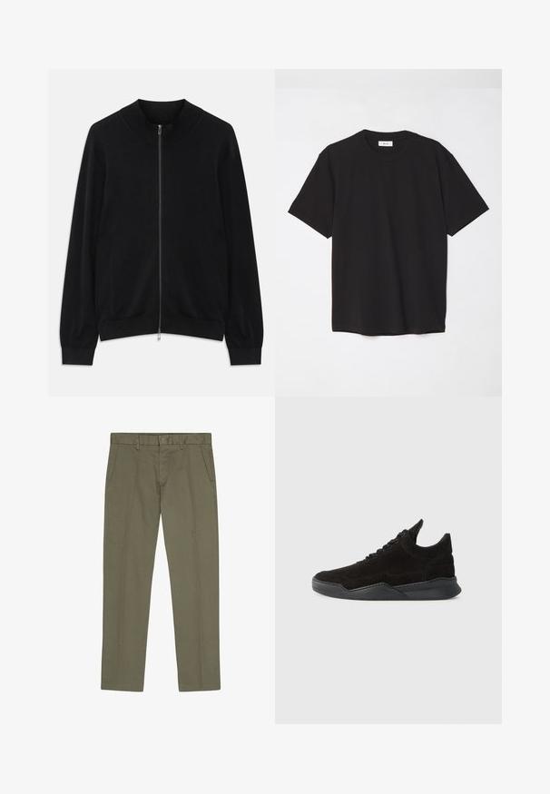 Černý dlouhý rukáv svetr na zip s žebrovaným crew neckem, manžetami a lemem, vystavený na bílém pozadí.; Černé bavlněné tričko s kulatým výstřihem, krátkými rukávy a volným střihem. Jednoduchý design, hladká textura a žádné viditelné vzory či loga.; NN.07 THEO - Chino kalhoty - capers; Černé semišové tenisky s nízkým profilem, texturovaným svrškem, plochými tkaničkami a pevným gumovým podešví s mírným podpatkem a zakřiveným designem.