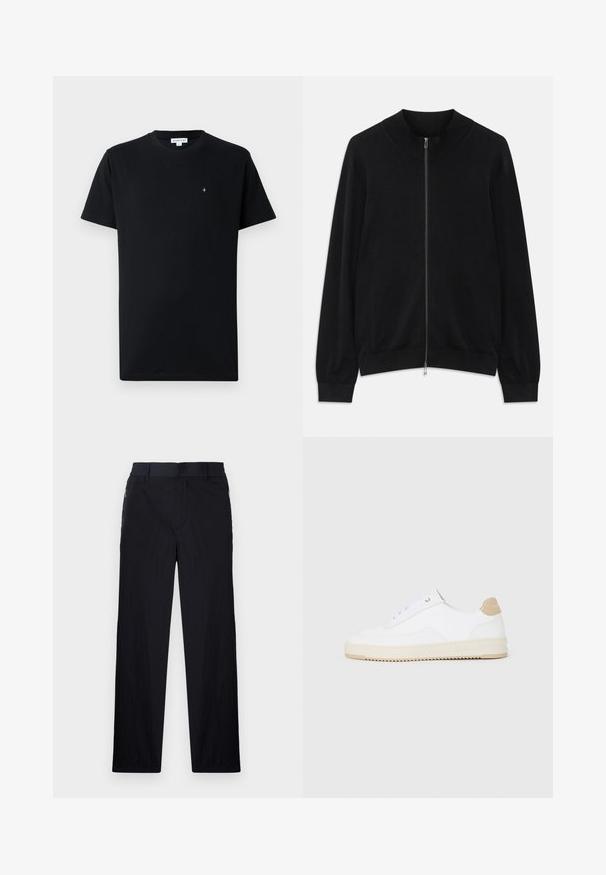 Zwarte lange mouwen ritssluiting cardigan met ribgebreide ronde hals, manchetten en zoom, tentoongesteld tegen een witte achtergrond.; Zwarte T-shirt met korte mouwen van katoen, met een ronde halslijn en een klein, rond logo op de borst. Leverancier een gladde textuur.; Zwarte broek van een lichtgewicht, gestructureerde stof, met een recht model, elastische Tailleband en zijzakken met rits.; Witte lage sneakers van textuurleer met een romige, ribbelige zool en een tankleurige hakaccent. Voorzien van witte veters en logodetail op de hak.