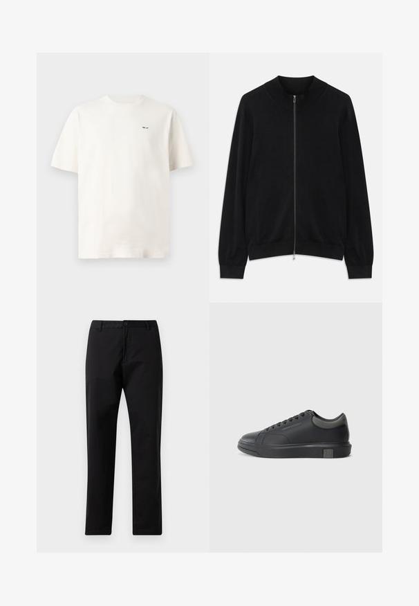 Cardigan preto de manga longa com fecho, com gola redonda canelada, punhos e bainha, exibido contra um fundo branco.; Camiseta branca de algodão com decote redondo, mangas curtas e um pequeno rótulo impresso em preto "NN. 07" no peito esquerdo. Textura suave.; Calças pretas de perna reta com fecho de botão e zip, passantes para cinto e bolsos frontais, exibidas sobre fundo branco.; Sapatilha de couro preto com acabamento suave, bico arredondado e detalhes em cinza escuro. Apresenta um design de atacadores e sola de borracha texturizada.