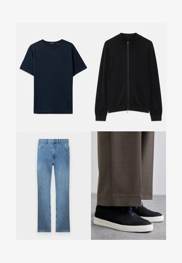 Schwarze Langarm-Zip-Up-Cardigan mit geripptem Rundhalsausschnitt, Bündchen und Saum, vor einem weißen Hintergrund präsentiert.; Navyblaue Baumwoll-T-Shirt mit kurzen Ärmeln, Rundhalsausschnitt und lässiger Passform. Minimalistisches Design ohne sichtbare Muster oder Akzente.; Hellblaue Jeans aus Denim mit geradem Schnitt, fünf Taschen, einem Reißverschluss und kontrastierender Naht. Der Stoff hat eine glatte, strukturierte Oberfläche.; Schwarze Wildleder-Sneaker mit weißen Gummisohlen, mit einer abgerundeten Zehenpartie und Schnürsenkeln, getragen zu grauen maßgeschneiderten Hosen.