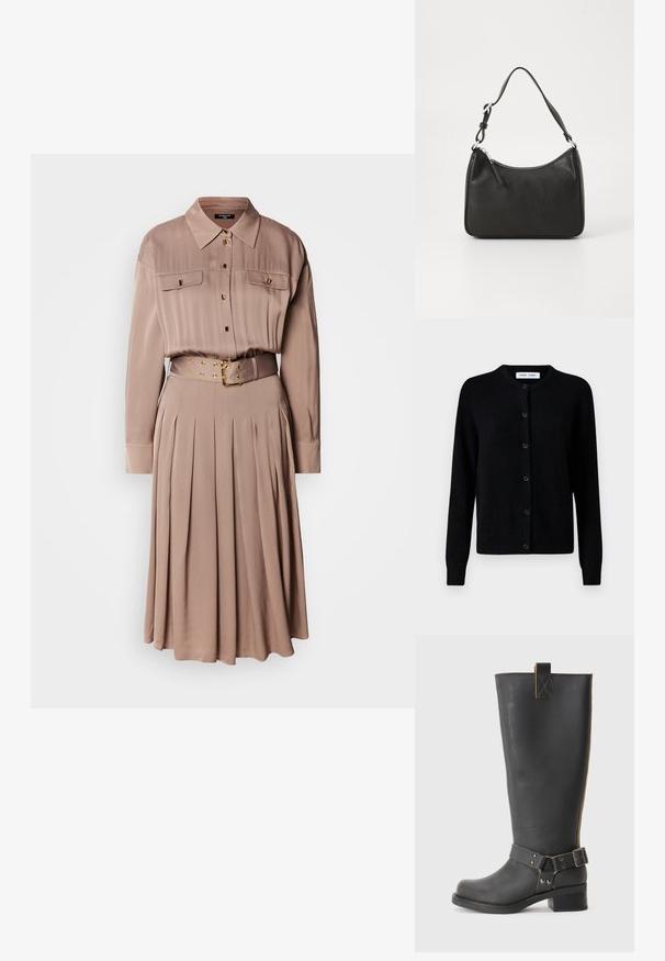 Mustat neulecardiganit, joissa on pyöreä pääntie, etumuksen napitus, pitkät hihat, ribbireunat hihoissa ja helmassa, valmistettu pehmeästä villakankaasta.; Pitkähihaisesta mekosta pehmeästä beigen värisestä kankaasta, jossa on kaksi rintataskua, nappilistana, laskostettu hameosa ja yhteensopiva vyö kultaisella hardwarella.; Musta nahkainen polvisaumaboot, jossa on teksturoitu pinta, sivussa solkiyksityiskohta ja matala korko. Yksityiskohtainen ommel saumoissa.; Mustat nahkakäsilaukku, jossa on kaareva muoto, yksi hihna, vetoketjukiinnitys ja hienovarainen brändäys etuosassa. Sujuva pinta, minimalistinen muotoilu.