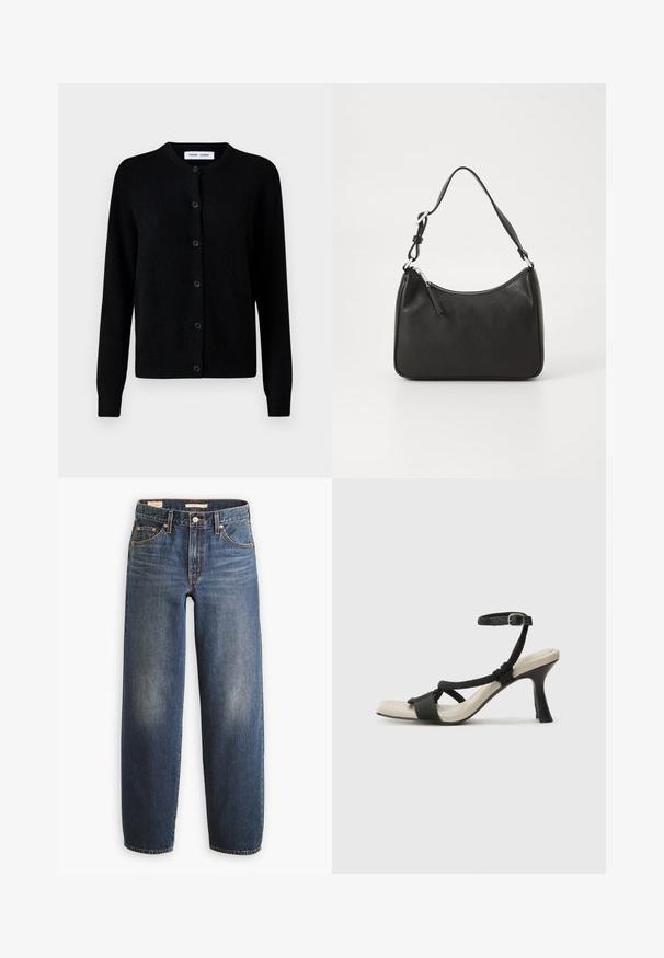 Cardigan negru tricotat, cu guler rotund, închidere prin butoane în față, mâneci lungi, manșete și tiv cu nervuri, realizat dintr-un material moale din lână.; Tricou alb din bumbac cu guler rotund și mâneci scurte, având imprimat în albastru textul "ÎNGHEȚATĂ, VĂ ROG" deasupra unui desen simplu al unui cornet de înghețată.; Blugi din denim albastru închis cu croială cu picioare drepte, având cinci buzunare, nituri de cupru și o estompare subtilă pe coapse.; Sandal cu toc negru, cu design de curea împletită, vârf pătrat și curea de gleznă ajustabilă. Tălpică de un bej deschis și toc negru lucios.; Geantă de mână din piele neagră, cu o formă curbată, curea unică, închidere cu fermoar și un branding subtil pe față. Textură fină, design minimalist.