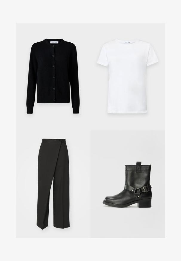 Svart strikket cardigan med rund hals, knappelukking foran, lange ermer, ribbestrikkede mansjetter og nederkant, laget av myk ullstoff.; Hvit kortermet t-skjorte laget av bomull med rund hals-design. Glatt tekstur og rett snitt, uten mønstre eller detaljer.; Sorte bukser med innviklet design, vide ben og et glatt, strukturert stoff. Ingen synlige mønstre eller detaljer.; Samsøe Samsøe SABRENTA - Cowboystøvletter - black
