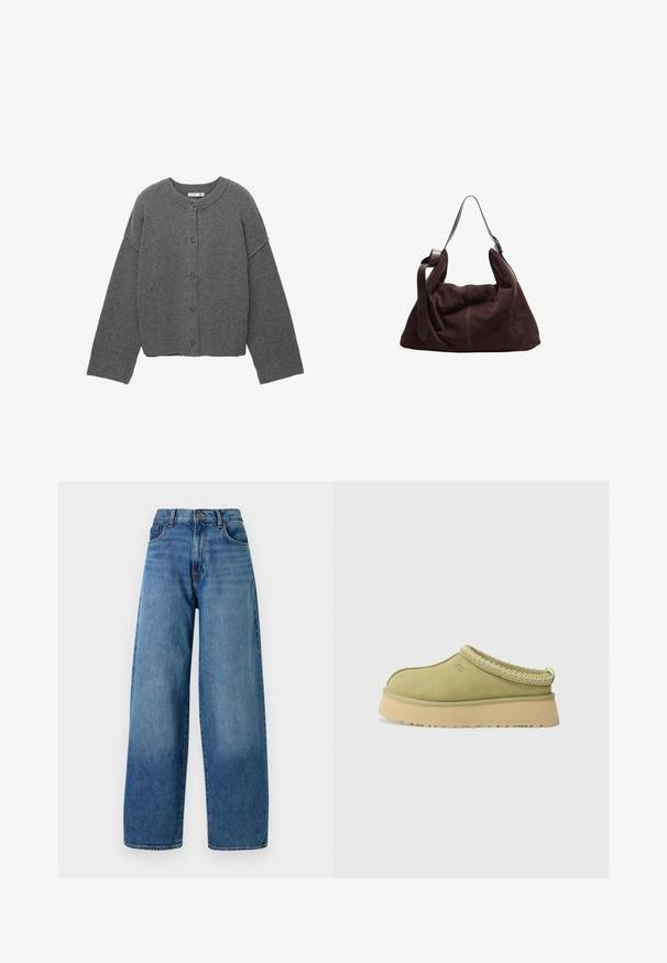 Cardigan grigio lavorato a maglia con scollo rotondo, spalle cadenti, chiusura con bottoni e polsini e orlo a coste.; Tre magliette senza maniche in nero, verde chiaro e beige. Ognuna presenta un collo rotondo e una texture morbida a costine.; Jeans di denim blu a gamba larga con un classico design a cinque tasche. Presentano una chiusura con bottone e una leggera scoloritura per texture.; UGG TAZZ II - Zoccoli - muted brass; Borsa a spalla hobo in suede marrone scuro con ampia tracolla in pelle regolabile e corpo morbido e sformato su sfondo bianco.