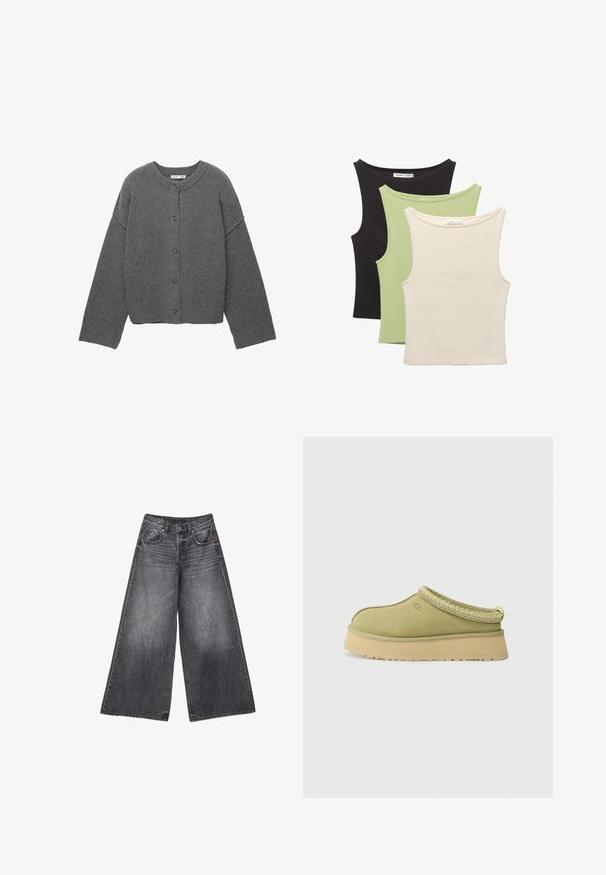 Harmaa neulottu neuletakki pyöreällä pääntiellä, lasketuilla olkapäillä, napillinen kiinnitys ja resorit hihansuuissa sekä helmassa.; Kolme ilman hihoja olevaa toppia mustana, vaaleanvihreänä ja beigeenä. Jokaisessa on pyöreä kaula-aukko ja pehmeä, ribatoitu pinta.; Laineet mustat kuluneet farkut, joissa on etutaskut, kupariset niitit, vyölenkit ja pieni tähti-yksityiskohta oikeassa taskussa.; UGG TAZZ II - Puukengät - muted brass