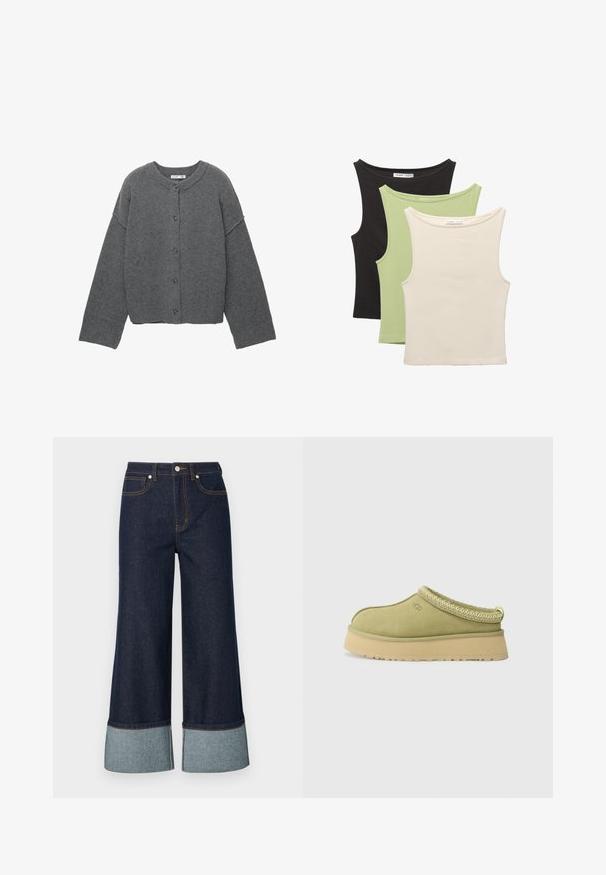 Sivi pleteni kardigan s okruglim izrezom, spuštenim ramenima, kopčanjem na gumbe i rebrastim rubovima na rukavima i donjem dijelu.; Trije bezruku majice u crnoj, svijetlozelenoj i bež boji. Svaka ima okrugli izrez i mekani, rebrasti tekstur.; Široke traperice od tamnog denima, s lakšim manžetama od denima. Dizajn uključuje prednje džepove i detalje u kontrastnom šivanju.; UGG TAZZ II - Klompe - muted brass
