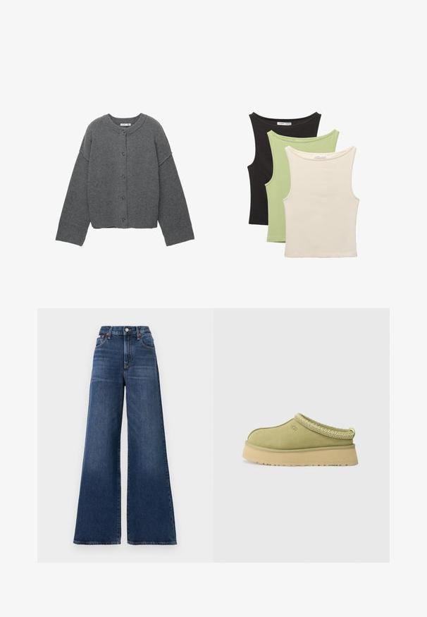 Šedý pletený kardigán s okrúhlym výstrihom, spustenými ramenami, zapínaním na gombíky a rebrovanými manžetami na rukávoch a spodnom okraji.; Tričko bez rukávov v čiernej, svetlozelené a béžovej farbe. Každé z nich má okrúhly výstrih a mäkkú, rebrovanú textúru.; Džíny so zvýšeným pásom a širokými nohavicami vyrobené z tmavomodrého denimu, s gombíkovým zapínaním, piatimi vreckami a jemným vyblednutím na stehnách.; UGG TAZZ II - Dreváky - muted brass