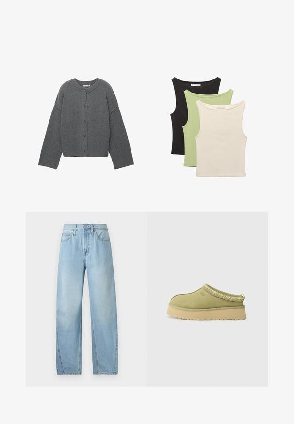 Cardigan grigio lavorato a maglia con scollo rotondo, spalle cadenti, chiusura con bottoni e polsini e orlo a coste.; Tre magliette senza maniche in nero, verde chiaro e beige. Ognuna presenta un collo rotondo e una texture morbida a costine.; Jeans in denim blu chiaro con un design a gamba dritta, cinque tasche e chiusura con zip. Presentano cuciture a vista e dettagli in metallo.; UGG TAZZ II - Zoccoli - muted brass