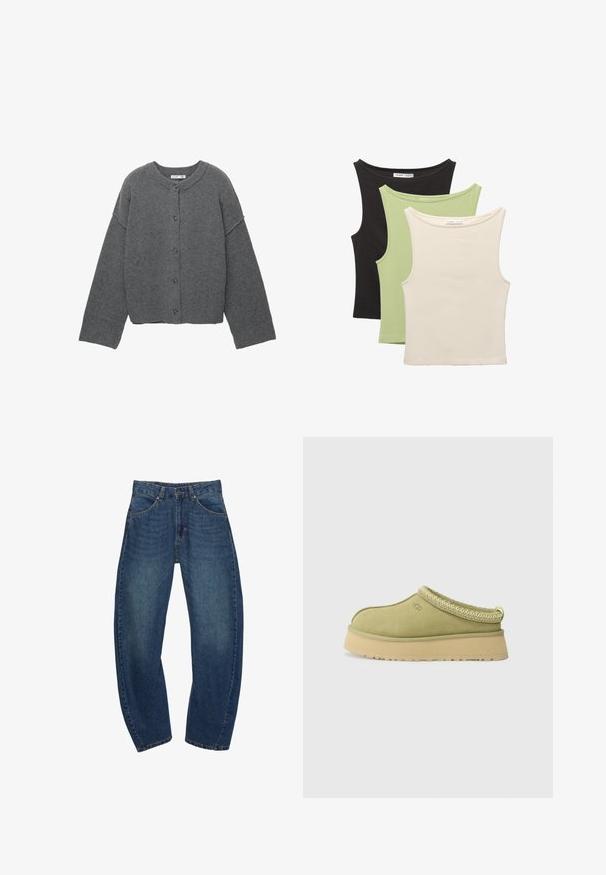 Cardigan gri tricotat cu decolteu rotund, umeri căzuți, închidere cu nasturi și manșete striate la mâneci și tiv.; Trei bluze fără mâneci în negru, verde deschis și bej. Fiecare are un decolteu rotund și o textură moale, cu nervuri.; Jeanși din denim albastru cu o croială largă, design cu cinci buzunare, închidere cu nasture și detalii de cusătură maro. Țesătura are un finisaj decolorat.; UGG TAZZ II - Saboţi - muted brass