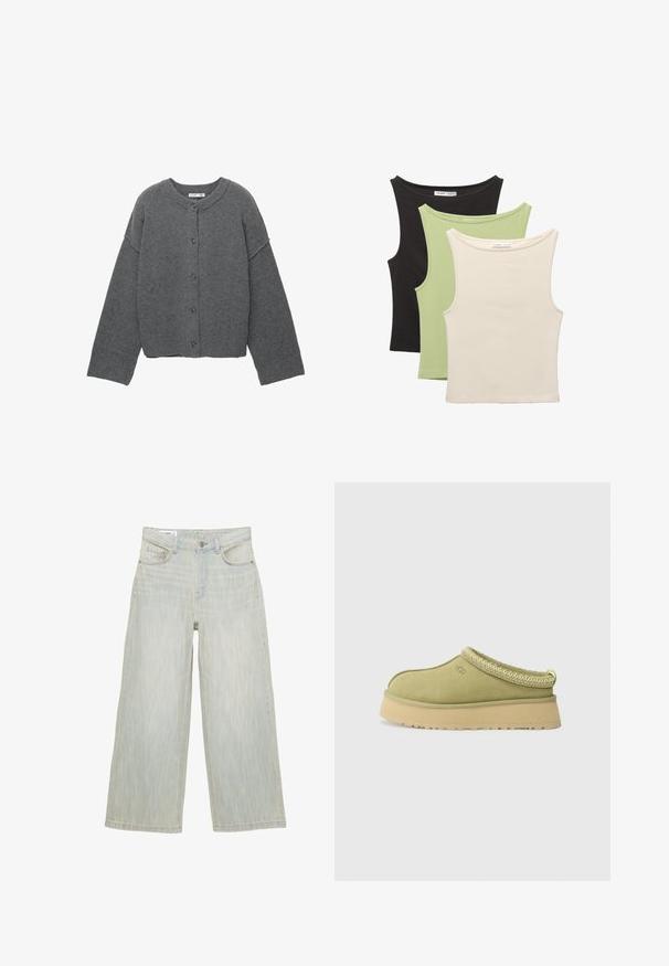 Cardigan gri tricotat cu decolteu rotund, umeri căzuți, închidere cu nasturi și manșete striate la mâneci și tiv.; Trei bluze fără mâneci în negru, verde deschis și bej. Fiecare are un decolteu rotund și o textură moale, cu nervuri.; Jeans largi de culoare bleu deschis, cu talie înaltă, nasture frontal, fermoar, bucle pentru curea și cinci buzunare.; UGG TAZZ II - Saboţi - muted brass