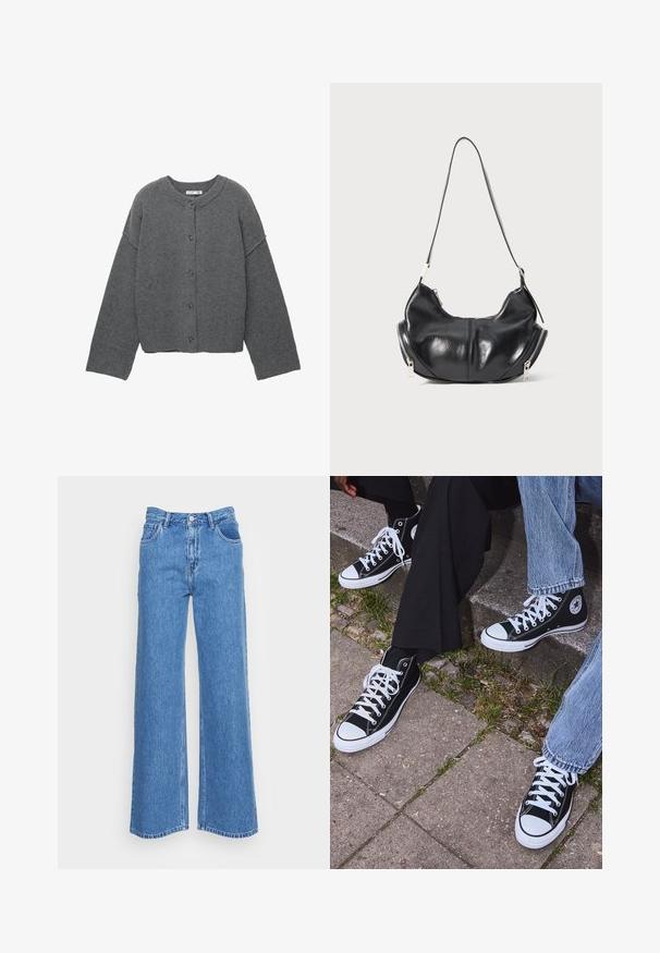 Cardigan grigio lavorato a maglia con scollo rotondo, spalle cadenti, chiusura con bottoni e polsini e orlo a coste.; Maglietta a maniche lunghe con colletto rotondo color crema, decorata con righe orizzontali color marrone scuro, caratterizzata da una vestibilità rilassata e una texture del tessuto morbida e liscia.; Jeans a gamba larga in denim blu con vita alta, dotati di due tasche anteriori e chiusura a bottone. Il tessuto ha una finitura leggermente strutturata.; Sneakers alti neri in tela con suole e lacci bianchi, dotati di un logo circolare di lato e abbinati a pantaloni in denim e neri.; Borsa a spalla a forma di mezzaluna in pelle nera con zip argento su entrambi i lati e una singola tracolla.