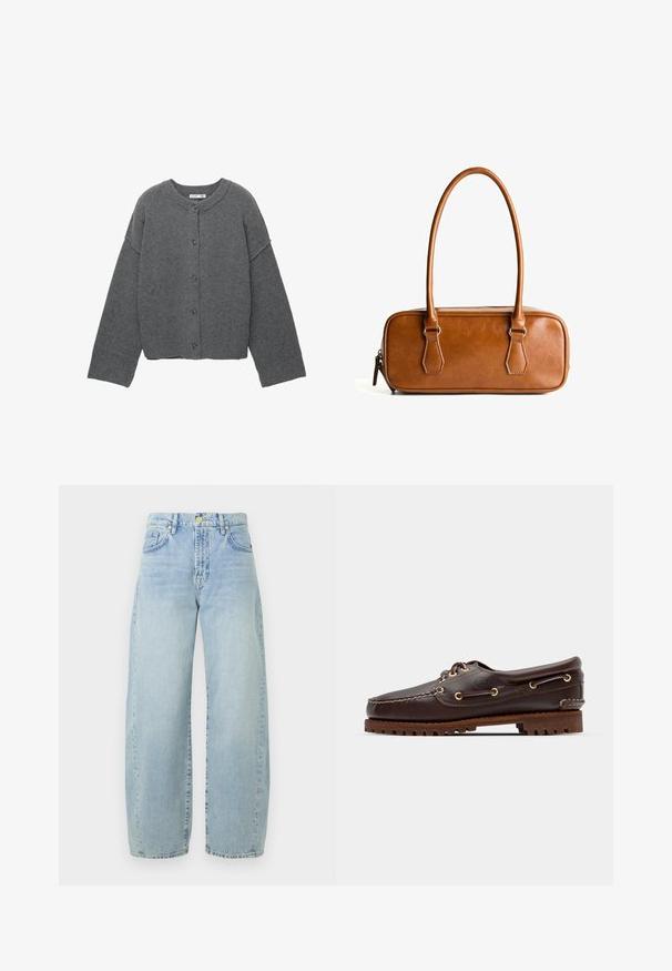 Šedý pletený kardigán s okrúhlym výstrihom, spustenými ramenami, zapínaním na gombíky a rebrovanými manžetami na rukávoch a spodnom okraji.; Dlhý rukáv, tričko s okrúhlym výstrihom v krémovej farbe s horizontálnymi vínovými pruhmi, s voľným strihom a jemnou, hladkou štruktúrou tkaniny.; Svetlomodré riflové široké nohavice s vysokým pásom, s jemným vyblednutím, piatimi vreckami a zlatými doplnkami. Spodný lem je rovný a nedokončený.; Hnedé kožené loďkové topánky so zlatými očkami, okrúhlymi šnúrkami a štruktúrovanou hnedou gumovou podrážkou. Obsahuje prešívané detaily a vyvýšené logo.; Hnedá kožená kabelka s dvoma dlhými rúčkami, obdĺžnikový tvar, hladký povrch, zips a akcenty v striebornom odtieni.