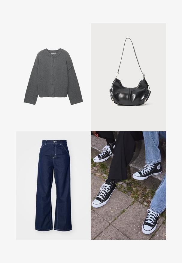 Graue gestrickte Strickjacke mit rundem Ausschnitt, überschnittenen Schultern, Knopfverschluss und gerippten Bündchen an Ärmeln und Saum.; Langärmliges T-Shirt mit Rundhalsausschnitt in Creme mit horizontalen kastanienbraunen Streifen, entspannter Schnitt und weicher, glatter Stofftextur.; Weite Jeans aus dunkelblauem Denim mit hoher Taille, kontrastierender weißer Naht und klassischem Fünf-Taschen-Design.; Schwarzecanvas-Sneaker mit hohem Schaft, weißen Gummisohlen und Schnürsenkeln, die ein rundes Logo an der Seite besitzen und mit Denim- sowie schwarzen Hosen kombiniert sind.; Schwarze lederne, mondförmige Schultertasche mit silbernen Reißverschlüssen auf beiden Seiten und einem einzigen Trageriemen.