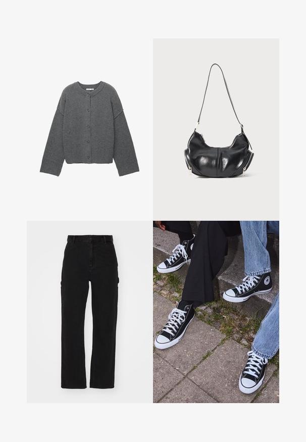 Grijze gebreide cardigan met een ronde halslijn, verlaagde schouders, knoopsluiting en geribbelde boorden aan de mouwen en zoom.; Lange mouw crew neck shirt in crèmekleur met horizontale bordeauxrode strepen, met een relaxte pasvorm en een zachte, gladde stofstructuur.; Zwarte cargo broek van denim, met een recht model, zijzakken en een knoopsluiting in de taille.; Zwarte canvas sneakers met hoge schacht, witte rubberen zolen en veters, met een cirkelvormig logo aan de zijkant, gecombineerd met denim en zwarte broeken.; Zwarte leren schoudertas in de vorm van een halve maan met zilveren ritsen aan beide kanten en een enkele strap.