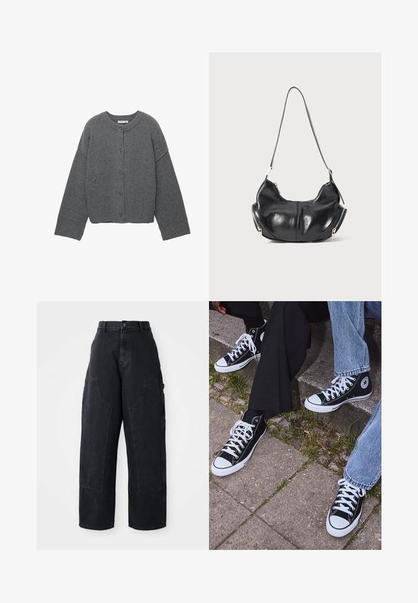 Cardigan grigio lavorato a maglia con scollo rotondo, spalle cadenti, chiusura con bottoni e polsini e orlo a coste.; Maglietta a maniche lunghe con colletto rotondo color crema, decorata con righe orizzontali color marrone scuro, caratterizzata da una vestibilità rilassata e una texture del tessuto morbida e liscia.; Pantaloni cargo in denim nero a gamba larga con vita alta, due grandi tasche frontali e chiusura con bottone in vita. Texture liscia, design casual.; Sneakers alti neri in tela con suole e lacci bianchi, dotati di un logo circolare di lato e abbinati a pantaloni in denim e neri.; Borsa a spalla a forma di mezzaluna in pelle nera con zip argento su entrambi i lati e una singola tracolla.