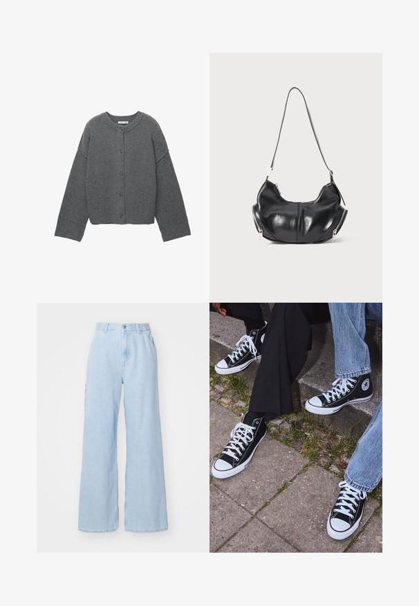 Grå strikket cardigan med rund halsudskæring, sænkede skuldre, knaplukning og ribstrikkede manchetter ved ærmerne og i kanten.; Langærmet t-shirt med rund hals i cremefarve med horisontale mørkerøde striber, der har en afslappet pasform og en blød, glat stoftekstur.; Lyseblå vide jeans lavet af denim, med forlommer, bæltestropper og knaplukning. Flad tekstur og ren finish.; Sorte høje canvas sneakers med hvide gummisåler og snørebånd, prydet med et cirkulært logo på siden og parret med denim og sorte bukser.; Sorte læder skuldertaske i halvmåneform med sølvlynlåse på begge sider og en enkelt rem.