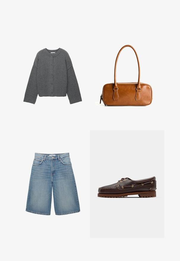 Harmaa neulottu neuletakki pyöreällä pääntiellä, lasketuilla olkapäillä, napillinen kiinnitys ja resorit hihansuuissa sekä helmassa.; Pitkähihaisessa crew-neck paidassa on kerma väri, jossa on vaakasuoria marooniraitoja. Paita on rento malli ja sen kangas on pehmeä ja sileä.; PULL&BEAR Farkkushortsit - blue denim; Ruskeaharmaat nahkaiset venesandaalit kultaisilla silmärei'illä, pyöreällä nauhalla ja teksturoidulla ruskealla kumipohjalla. Sisältää kirjontayksityiskohtia ja kohotetun logon.; Ruskea nahkainen käsilaukku, jossa on kaksi pitkää kahvaa, suorakulmainen muoto, sileä pinta, vetoketjukiinnitys ja hopeanväriset yksityiskohdat.