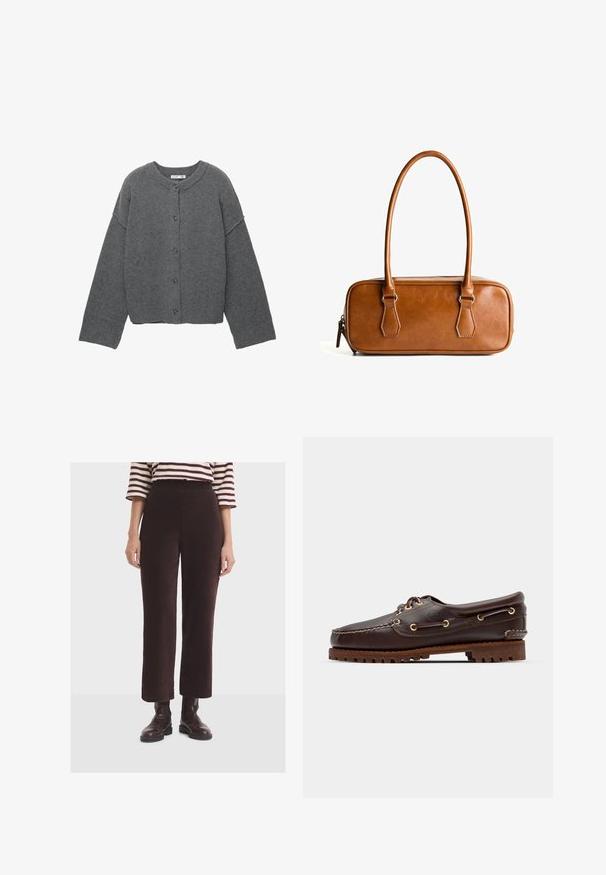 Grå strikket cardigan med rund halsudskæring, sænkede skuldre, knaplukning og ribstrikkede manchetter ved ærmerne og i kanten.; Langærmet t-shirt med rund hals i cremefarve med horisontale mørkerøde striber, der har en afslappet pasform og en blød, glat stoftekstur.; Kvinde iført mørkebrune ribbede bukser med vidde, brune læderankelstøvler, og en hvid og burgunderstribet skjorte med trekvartærmer.; Brune læder bådsko med gyldne øjer, runde snørebånd og en struktureret brun gummisål. Har quiltede detaljer og et forhøjet logo.; Brun læderhåndtaske med to lange håndtag, rektangulær form, glat overflade, lynlås-lukning og hardware accenter i sølvfarve.