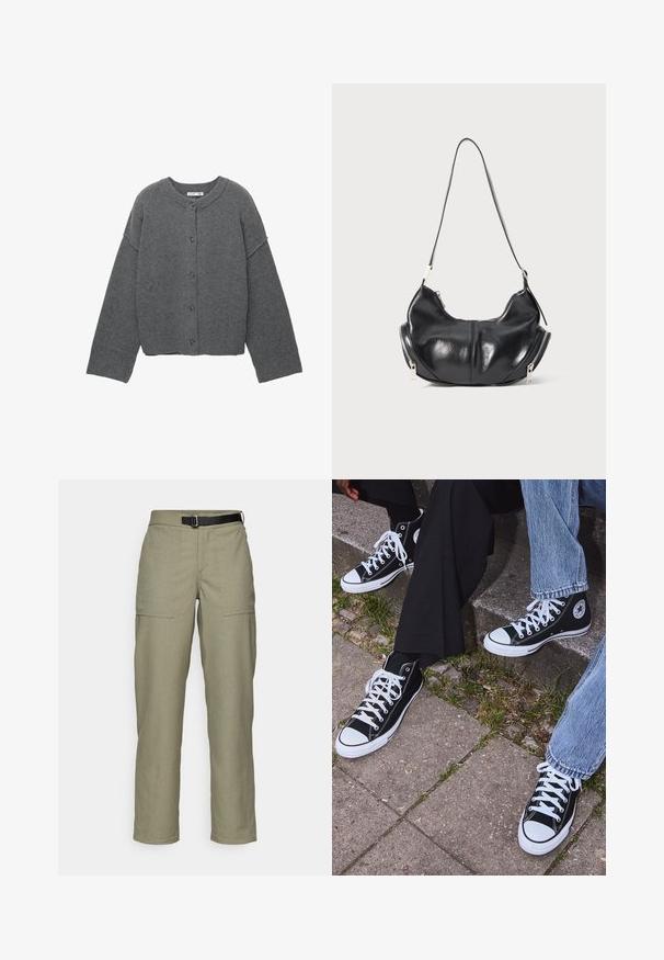 Šedý pletený kardigan s kulatým výstřihem, spadlými rameny, zapínáním na knoflíky a žebrovanými manžetami na rukávech a spodním lemu.; Krátký rukáv s kulatým výstřihem v krémové barvě s horizontálními vínovými pruhy, s uvolněným střihem a jemnou, hladkou texturou látky.; Khaki kalhoty vyrobené z texturované tkaniny, s rovnými nohavicemi, dvěma předními kapsami a černým páskem v pase.; Černé kanvasové tenisky s vysokým střihem, bílé gumové podrážky a tkaničky, s kulatým logem na boku a spárované s džíny a černými kalhotami.; Černá kožená taška ve tvaru půlměsíce s stříbrnými zipy po obou stranách a jedním popruhem.
