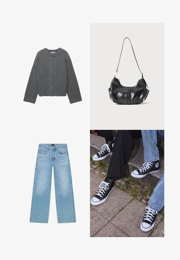 Harmaa neulottu neuletakki pyöreällä pääntiellä, lasketuilla olkapäillä, napillinen kiinnitys ja resorit hihansuuissa sekä helmassa.; Pitkähihaisessa crew-neck paidassa on kerma väri, jossa on vaakasuoria marooniraitoja. Paita on rento malli ja sen kangas on pehmeä ja sileä.; Vaaleansiniset, leveälahkeiset farkut, jotka on valmistettu denimmateriaalista. Ominaisuuksiin kuuluu klassinen viiden taskun muotoilu ja hienovarainen haalistunut rakenne. Napitus ja vetoketjukiinnitys.; Mustat korkeat kangaslenkkarit, joissa on valkoiset kumipohjat ja nauhat, sivussa on pyöreä logo, ja ne on yhdistetty farkkuihin ja mustiin housuihin.; Mustavihreä puolikuun muotoinen olkalaukku, jossa on hopeiset vetoketjut molemmilla puolilla ja yksi hihna.