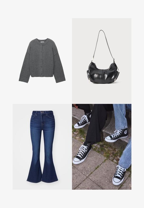 Harmaa neulottu neuletakki pyöreällä pääntiellä, lasketuilla olkapäillä, napillinen kiinnitys ja resorit hihansuuissa sekä helmassa.; Pitkähihaisessa crew-neck paidassa on kerma väri, jossa on vaakasuoria marooniraitoja. Paita on rento malli ja sen kangas on pehmeä ja sileä.; Tummansiniset levenevät farkut, joissa on denim-kangas, korkea vyötärö, viisi taskua ja nappikiinnitys, sekä lievästi haalistunut väri reisissä.; Mustat korkeat kangaslenkkarit, joissa on valkoiset kumipohjat ja nauhat, sivussa on pyöreä logo, ja ne on yhdistetty farkkuihin ja mustiin housuihin.; Mustavihreä puolikuun muotoinen olkalaukku, jossa on hopeiset vetoketjut molemmilla puolilla ja yksi hihna.