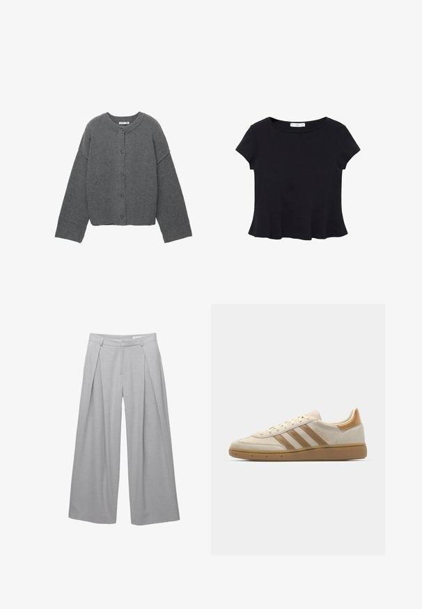 Cardigan grigio lavorato a maglia con scollo rotondo, spalle cadenti, chiusura con bottoni e polsini e orlo a coste.; Top nero a maniche corte realizzato in un tessuto morbido, con scollatura rotonda e orlo svasato con dettagli di cucitura discreti.; Pantaloni a gamba larga grigio chiaro, realizzati in tessuto texturizzato, con pieghe frontali, passanti per cintura e vita sagomata. Senza chiusure visibili.; Sneaker in suede beige con accenti marroni chiari. Presenta tre strisce marroni, suola in gomma testurizzata e design a punta arrotondata.