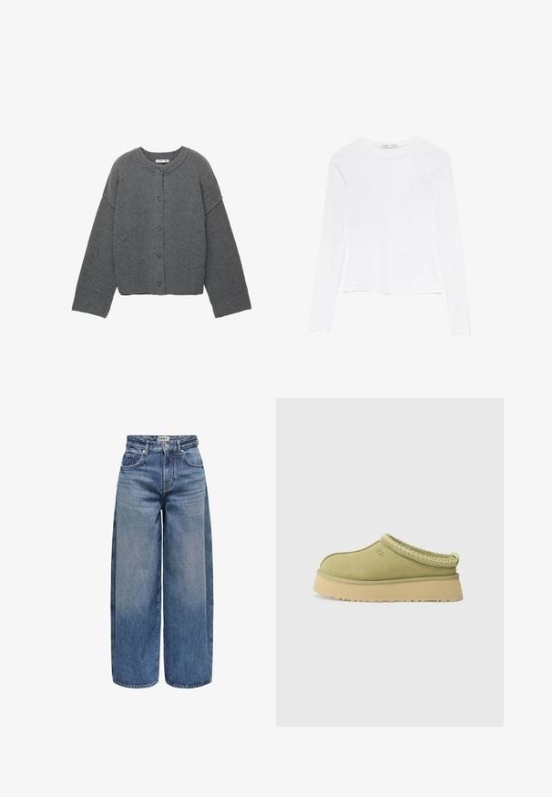 Cardigan gris en maille avec un col rond, des épaules tombantes, une fermeture à boutons et des poignets côtelés aux manches et à l'ourlet.; Haut blanc à manches longues avec un col rond. Présente un design ajusté, une texture de tissu lisse et une ligne d'ourlet légèrement raccourcie.; Jean en denim à jambes larges, de couleur bleu moyen, avec taille haute, coutures visibles, cinq poches et une fermeture à bouton à l'avant.; UGG TAZZ II - Sabots - muted brass