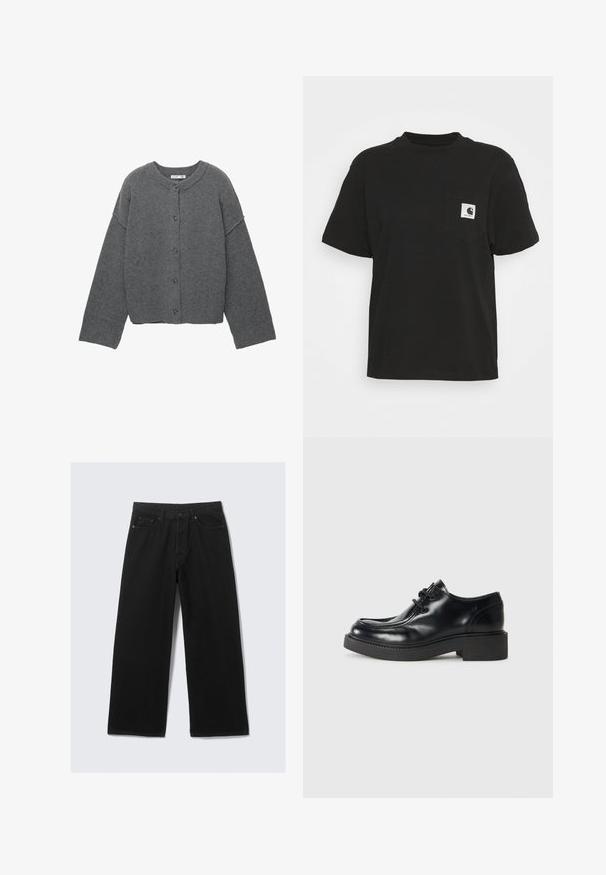 Šedý pletený kardigán s okrúhlym výstrihom, spustenými ramenami, zapínaním na gombíky a rebrovanými manžetami na rukávoch a spodnom okraji.; Čierne bavlnené tričko s krátkymi rukávmi, okrúhlym výstrihom a prednou vreckom, na ktorom sa nachádza štvorcové logo v bielej a čiernej farbe.; Čierne široké nohavice z denimového materiálu, s klasickým dizajnom s piatimi vreckami a štruktúrovaným pásom s pútkami na opasok.; Čierne kožené oxfordky s guľatou špičkou, šnurovací dizajn a hrubá čierna gumová podrážka. Hladký povrch a minimálne detaily šitia.