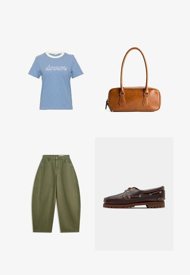 Graue gestrickte Strickjacke mit rundem Ausschnitt, überschnittenen Schultern, Knopfverschluss und gerippten Bündchen an Ärmeln und Saum.; Blau und weiß gestreiftes kurzärmeliges T-Shirt mit einem weißen Rippkragen und dem Wort "dream" in weißen Schriftzügen auf der Vorderseite.; Olivgrüne weite Hose aus Baumwolle mit hoher Taille, Fronttaschen und glatter Textur. Keine Verzierungen oder Muster.; Braune Lederbootsschuhe mit goldenen Ösen, runden Schnürsenkeln und einer strukturierten braunen Gummisohle. Verfügt über genähte Details und ein erhabenes Logo.; Braune Lieblingstasche aus Leder mit zwei langen Tragegriffen, rechteckiger Form, glatter Oberfläche, Reißverschluss und Hardware-Akzenten in Silber.
