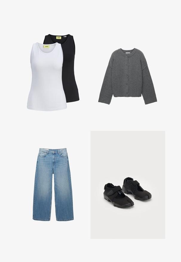 Siv pleten kardigan z okroglim izrezom, spuščenimi rameni, zapenjanjem na gumbe in rebrastimi manšetami na rokavih ter robu.; Dve brezrokavnike v beli in črni barvi, narejene iz gladkega materiala. Vsak ima okrogel izrez in vidno oznako blagovne znamke v neon rumeni barvi.; Svijetloplave široke traperice napravljene odDenima, s klasičnim dizajnom pet džepova i zatvaranjem na gumbe. Ispucala tekstura kroz cijelu površinu.; Črne vodne čeveljce, izdelane iz fleksibilnega blaga, z Velcro trakom, ki se ponašajo z edinstvenim dizajnom razdeljenega prsta in teksturirano gumo podplata za boljši oprijem.