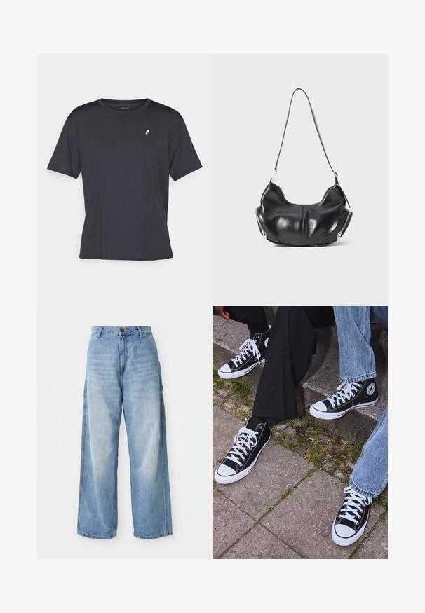 Grå strikket cardigan med rund halsudskæring, sænkede skuldre, knaplukning og ribstrikkede manchetter ved ærmerne og i kanten.; Sort kortærmet t-shirt lavet af glat stof. Har en rund halsudskæring og et lille logo i hvidt på venstre brystområde.; Lysblå vidde jeans med høj talje, der har sidelommer og en falmet struktur, lavet af denim materiale.; Sorte høje canvas sneakers med hvide gummisåler og snørebånd, prydet med et cirkulært logo på siden og parret med denim og sorte bukser.; Sorte læder skuldertaske i halvmåneform med sølvlynlåse på begge sider og en enkelt rem.