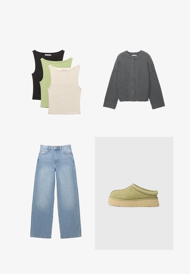 Gray knitted cardigan with a round neckline, dropped shoulders, button closure, and ribbed cuffs at the sleeves and hem.; Three sleeveless tops in black, light green, and beige. Each features a round neckline and a soft, ribbed texture.; Light blue, wide-leg jeans made of denim. Features a high waist, front pockets, and a button closure. Smooth texture with subtle fading.; UGG TAZZ II - Clogs - muted brass
