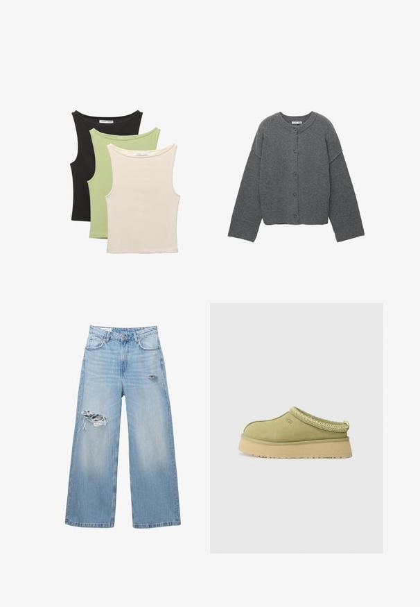 Grijze gebreide cardigan met een ronde halslijn, verlaagde schouders, knoopsluiting en geribbelde boorden aan de mouwen en zoom.; Drie mouwloze tops in zwart, lichtgroen en beige. Elke top heeft een ronde halslijn en een zachte, geribbelde textuur.; Lichtblauwe wijde jeans van denim, met verwerkte plekken op de knieën en een vijf-pocket ontwerp. Strakke, rechte zoom.; UGG TAZZ II - Clogs - muted brass