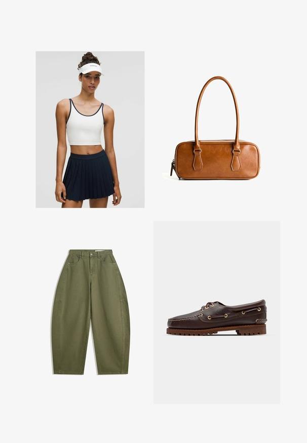 Szürke kötött kardigán kerek nyakkivágással, esett vállakkal, gombos lezárással, valamint bordás mandzsettákkal az ujjakon és az alján.; Fehér, rövidített ujjú tank top, tengerészkék díszítéssel, egy plissé tengerészkék szoknyával párosítva. Az anyag simának és könnyűnek tűnik, aktív viseletre tervezték.; Olívazöld, bő szárú pamutnadrág, magas derékkal, elülső zsebekkel és sima textúrával. Nincsenek díszítések vagy minták.; Barna bőr csónakcipő arany fémlyukakkal, kerek fűzőkkel és texturált barna gumitalppal. Díszített varrásokkal és kiemelkedő logóval rendelkezik.; Barna bőr kézitáska, két hosszú fogantyúval, téglalap alakú, sima textúrájú, cipzáras záródással és ezüstszínű fém részletekkel.