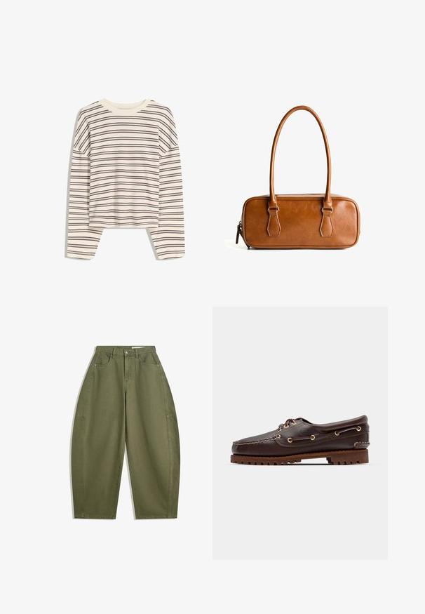 Šedý pletený kardigan s kulatým výstřihem, spadlými rameny, zapínáním na knoflíky a žebrovanými manžetami na rukávech a spodním lemu.; Krátký rukáv s kulatým výstřihem v krémové barvě s horizontálními vínovými pruhy, s uvolněným střihem a jemnou, hladkou texturou látky.; Olivově zelené široké kalhoty z bavlny s vysokým pasem, předními kapsami a hladkou texturou. Bez ozdob nebo vzorů.; Hnědé kožené lodní boty se zlatými očky, kulatými tkaničkami a texturovanou hnědou gumovou podrážkou. Obsahují zašitý detail a vyvýšené logo.; Hnědá kožená kabelka s dvěma dlouhými uchy, obdélníkového tvaru, hladkého povrchu, zipovým uzávěrem a akcenty z stříbrného tónu.